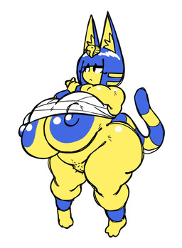 anthro areola bangs big_areola big_breasts big_butt big_nipples blue_areola blue_ears blue_hair blue_nipples bottomless bottomless_anthro bottomless_female breasts butt clothed clothing curvy_figure feet female female_anthro front_view genitals hair huge_areola huge_breasts huge_nipples hyper hyper_breasts inner_ear_fluff markings mouth_closed narrowed_eyes nipple_dip nipple_outline nipple_slip nipples noseless pubic_stubble simple_background solo standing stretching_arms striped_markings striped_tail stripes tail tail_markings thick_thighs topwear tuft uraeus vulva white_background white_sclera wide_hipped_anthro wide_hipped_female wide_hips yellow_inner_ear yellow_inner_ear_fluff nsfwoaf animal_crossing nintendo ankha_(animal_crossing) domestic_cat felid feline felis mammal 2026 digital_drawing_(artwork) digital_media_(artwork) english_description full-length_portrait hi_res portrait