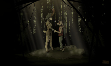 2_horns anthro anthro_on_anthro antlers barefoot biped black_clothing black_hat black_headwear black_sclera blue_bottomwear blue_clothing blue_jeans blue_pants bone bottomwear brown_antlers brown_horn clothing cloven_hooves denim denim_bottomwear denim_clothing denim_shorts double_barrel_shotgun duo exposed_bone eye_contact feet female floppy_ears forest fur glowing glowing_eyes grey_body grey_bottomwear grey_clothing grey_ears grey_fur grey_shirt grey_shorts grey_tail grey_topwear gun hand_holding hat headgear headwear heart_symbol hooves horn interspecies jeans larger_female light light_beam logo long_sleeves looking_at_another looking_at_partner male male/female orange_eyes outside pants pattern_clothing pattern_shirt pattern_topwear plaid plaid_clothing plaid_shirt plaid_topwear plant ranged_weapon red_clothing red_shirt red_topwear rolled_up_sleeves romantic shirt short_tail shorts shotgun side_view size_difference skull skull_head sleeveless_shirt small_wings smaller_male smile snout sunbeam sunlight tail tail_tuft teeth thin_tail topwear torn_bottomwear torn_clothing torn_jeans torn_pants tree tuft unguligrade weapon white_body white_fur white_tail wings posspowered american_mythology indigenous_north_american_mythology mythology north_american_mythology josey_deville_(posspowered) winne_decoux_(posspowered) cryptid jersey_devil mammal wendigo 2024 artist_logo hi_res