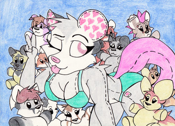 anthro bikini breasts clothing female grey_body looking_at_viewer one_eye_closed plushie plushie_pile plushie_tag pose seam_(sewing) solo swimwear tongue tongue_out two-piece_swimsuit wink winking_at_viewer simonov american_opossum animate_inanimate living_plushie mammal marsupial virginia_opossum
