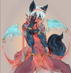 anthro bat bat_wings breasts canid canine clothed clothing digital_media_(artwork) ear_piercing ear_ring female fluffy fluffy_tail fox fur hair harem_outfit hybrid jewelry looking_at_viewer mammal membrane_(anatomy) membranous_wings piercing ring_piercing simple_background small_wings solo syrrah_(inkh) tail tan_background veil venusflowerart wings