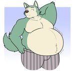 anthro beastars belly big_belly brown_nose canid canine canis fur grey_body grey_fur hand_behind_back hidi legoshi_(beastars) looking_at_viewer male mammal navel obese overweight overweight_anthro overweight_male rumbling_stomach shirtless shirtless_anthro shirtless_male tail wolf