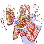 1_eye 5_fingers armor big_eyes duo eating fingers food front_view green_eyes hair holding_food holding_object humor male multi_face not_furry open_mouth pain pasta pizza plate purple_hair simple_background spaghetti standing text what white_background kamiura_(artist) jojo's_bizarre_adventure diavolo_(jjba) king_crimson_(jjba) human humanoid mammal stand_(jjba) 1:1 japanese_text meme translated