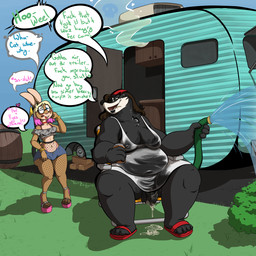 anthro areola balls belly big_belly biped black_body black_fur black_hair blonde_hair bodily_fluids bottomwear bracelet breasts chair claws clothed clothing crop_top day denim denim_bottomwear denim_clothing denim_shorts dialogue duo ear_piercing eyebrows eyewear female fishnet_clothing fishnet_legwear fishnet_pantyhose flaccid footwear foreskin fur furniture genitals glasses gynomorph hair heart_symbol high_heels highlights_(coloring) holding_hose humanoid_genitalia humanoid_penis intersex jewelry larger_gynomorph larger_intersex legwear looking_at_another medium_breasts navel navel_piercing nipples on_chair open_mouth outside overweight overweight_gynomorph overweight_intersex pantyhose penis piercing pink_clothing pink_footwear pink_high_heels pink_highlights rectangular_glasses sandals shirt shoes short_hair shorts sitting sitting_on_chair size_difference skimpy small_breasts smaller_female speech_bubble sweat tank_top teeth text toe_claws tongue topwear translucent translucent_clothing translucent_shirt translucent_topwear water wearing_glasses wet wet_clothing wet_shirt wet_topwear white_clothing white_shirt white_tank_top white_topwear datbadger catherine_(datbadger) badger lagomorph leporid mammal mustelid musteline rabbit 1:1 2026 english_text hi_res