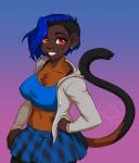 anthro big_breasts black_body black_fur black_hair blue_hair bottomwear bra breasts chest_tuft clothed clothing dark_body dark_skin ear_piercing ear_ring eyebrow_piercing eyebrows eyelashes facial_piercing female fingers fur hair hand_on_hip hoodie humanoid_hands looking_at_viewer midriff multicolored_body multicolored_fur multicolored_hair nails navel nose_piercing nose_ring orange_body orange_fur piercing red_eyes ring_piercing short_hair simple_background skirt smile solo sports_bra standing teeth topwear tuft two_tone_hair underwear kittydee eve_mbweni capuchin_monkey cebid haplorhine mammal monkey new_world_monkey primate robust_capuchin 2018 cel_shading digital_media_(artwork) hi_res portrait shaded signature three-quarter_portrait