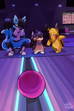 anthro bowling group male trio diamondpastry nintendo pokemon foofy_(foofybluedoggo) cyndaquil eulipotyphlan generation_1_pokemon generation_2_pokemon generation_4_pokemon hedgehog lucario mammal mouse murid murine pikachu pokemon_(species) rodent absurd_res hi_res meme