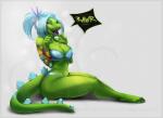 anthro anthrofied big_breasts blue_hair bra breasts cleavage clothed clothing crossgender curvy_figure female hair non-mammal_breasts open_mouth panties small_waist smile solo tail tattoo thick_thighs underwear wide_hips yellow_eyes vexstacy nickelodeon rugrats reptar dinosaur kaiju prehistoric_species reptile scalie