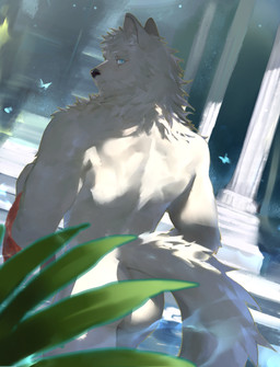 anthro bath bathhouse black_nose blue_eyes blurred_foreground butt classical_architecture fluffy fluffy_tail fur inside looking_back male monotone_body monotone_fur neck_tuft nude partially_submerged pillar plant rear_view solo tail tuft white_body white_fur yuuko891 arthropod butterfly canid insect lepidopteran mammal 2022 absurd_res colored hi_res