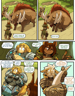 5_fingers 5_toes animal_behavior anthro armor blep blonde_hair bodily_fluids breasts brown_body brown_fur cleavage clothed clothing dialogue feet female feral fingers footwear fur greeting group hair humanoid_feet nervous nervous_sweat paw_pose plantigrade pose scared sitting sitting_on_ground stirrup_footwear sweat tan_body tan_fur tears text toeless_footwear toes tongue tongue_out tusks ceehaz dog_knight_rpg jeane_(ceehaz) nix_(ceehaz) rory_(ceehaz) bird_dog canid canine canis dobermann domestic_dog golden_retriever herding_dog hunting_dog mammal pastoral_dog pinscher retriever suid suine sus_(pig) welsh_corgi wild_boar 2025 absurd_res comic english_text hi_res