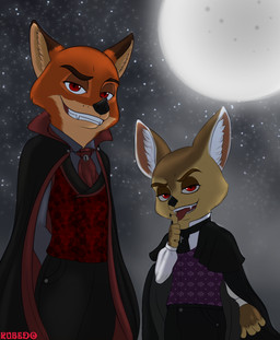 anthro clothed clothing duo fur holidays male moon necktie night red_eyes rubedo disney halloween zootopia finnick_(zootopia) nick_wilde canid canine fennec_fox fox mammal red_fox true_fox vampire 2017 hi_res