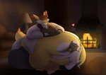 anthro belly big_belly clothing duo eyewear fireplace glasses hat headgear headwear huge_belly inside obese overweight simple_background sitting yellow_body thatoneaceguy nintendo pokemon braixen canid canine canis domestic_dog generation_6_pokemon mammal pokemon_(species) 2024