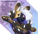 anthro breasts brown_body brown_fur female fur gesture hair hand_gesture long_hair looking_at_viewer medium_breasts one_eye_closed round_ears smile solo spots tongue tongue_out v_sign white_hair white_spots wink winking_at_viewer yellow_eyes bluemagicsteban african_wild_dog canid canine mammal absurd_res hi_res