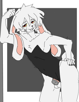 anthro balls bodily_fluids buckteeth chastity_cage chastity_device clothing corset crying flat_chastity_cage floppy_ears fluffy fluffy_tail fur genitals hair hand_on_hip leaning leaning_forward lingerie long_ears looking_at_viewer makeup male motion_lines open_mouth pecs playboy_bunny pupils raised_arm red_pupils running_makeup short_hair short_tail simple_background slim solo sweat tail tears teeth topwear white_body white_fur white_hair yellow_eyes sparxel unnamed_character lagomorph leporid mammal rabbit digital_drawing_(artwork) digital_media_(artwork) hi_res