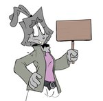 buckteeth clothed clothing fully_clothed grey_body holding_object holding_sign male pose sign signboard simple_background solo standing teeth three-quarter_view toony white_background bav vab_(bav) animal_humanoid humanoid lagomorph lagomorph_humanoid mammal mammal_humanoid digital_drawing_(artwork) digital_media_(artwork) flat_colors half-length_portrait portrait restricted_palette