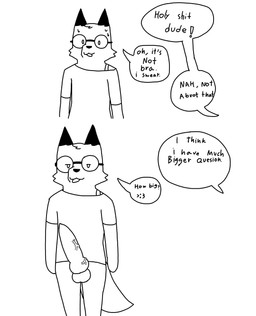 animal_genitalia animal_penis anthro big_penis bottomless canine_genitalia canine_penis clothed clothing eyewear femboy genitals glasses huge_penis knot male nerd off_shoulder penis profanity shirt solo standing text topwear vein veiny_penis foxfreeguy roddy_(foxfreeguy) canid canine fox mammal absurd_res english_text hi_res monochrome
