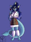 anthro beverage big_breasts blue_body blue_skin blush breasts christmas_clothing clothing comfy dress ear_piercing ear_ring female hair holidays jewelry open_mouth piercing ring_piercing smile solo tail tipsy warm anahita pearl123_art christmas nintendo pokemon eeveelution generation_1_pokemon pokemon_(species) vaporeon 3:4 digital_media_(artwork) hi_res