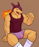 anthro anthrofied arm_support biceps biped boxers_(clothing) brown_background bulge clothing detailed_bulge eyes_closed fire footwear fur genital_outline gesture hairless hand_gesture legwear male muscular muscular_anthro muscular_male open_mouth pecs penis_outline pointing pointing_at_self pokemorph shirt simple_background sitting socks solo tank_top tight_clothing topwear underwear yellow_body yellow_fur hicanyoumooforme nintendo pokemon generation_2_pokemon mammal mustelid pokemon_(species) shiny_pokemon typhlosion 5:6 hi_res