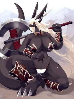 anthro armlet armor axe big_breasts big_feet biped breasts camel_toe claws cleavage clothed clothing collar convincing_weapon curvy_figure double_bitted_axe feet female hair hindpaw horn long_hair looking_at_viewer melee_weapon navel non-mammal_breasts paws red_eyes skimpy solo spread_legs spreading standing tail unconvincing_armor voluptuous warrior weapon white_hair mrsk mythology dragon mythological_creature mythological_scalie scalie 2012 hi_res