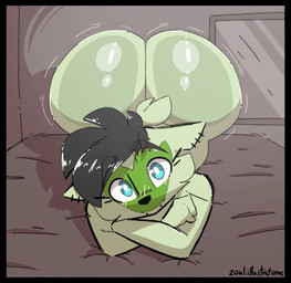 anthro big_butt black_hair blue_eyes butt facial_piercing female fur green_body green_fur hair huge_butt hyper hyper_butt inside lip_piercing looking_at_viewer lying on_front piercing short_hair short_tail snakebite_piercing solo tail zoul_illustration nintendo pokemon zoul canid canine felid feline generation_9_pokemon mammal pokemon_(species) sprigatito