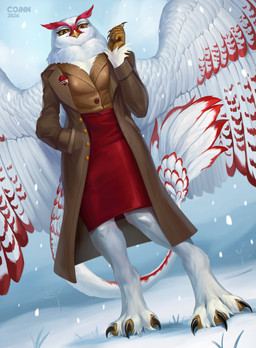 3_toes anthro avian_feet barefoot beak biped bottomwear breasts claws clothed clothed_anthro clothed_female clothing feathers feet female fingers front_view fully_clothed fully_clothed_anthro fully_clothed_female looking_at_viewer navel non-mammal_breasts non-mammal_navel outside smile snow snowing solo standing tail talons toe_claws toes topwear wings winter coinn8 sigrid_(raveger) avian bird owl 2026 absurd_res digital_drawing_(artwork) digital_media_(artwork) hi_res