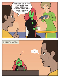 5_fingers ambiguous_gender black_clothing black_dress bodily_fluids book bottle brown_eyes brown_hair chair clothed clothed_human clothed_humanoid clothing container cup dark_body dark_skin dialogue dress drooling ellipsis evil_grin female fingers front_view fully_clothed fully_clothed_human fully_clothed_humanoid furniture green_body green_clothing green_dress green_skin group hair holding_book holding_bottle holding_container holding_cup holding_object humanoid_pointy_ears looking_at_another mouth_closed on_chair open_book open_mouth open_smile pointy_ears red_hair saliva side_view sitting sitting_on_chair sleeping small_comic smile sound_effects speech_bubble spilled_drink sweatdrop_(iconography) table talking_to_another text thin_eyebrows thinking topwear trio unimpressed vowelless vowelless_sound_effect white_sclera wine_bottle yellow_clothing yellow_topwear zzz bonnymama7 elphaba_(bonnymama7) human humanoid mammal 2026 absurd_res bust_portrait comic digital_drawing_(artwork) digital_media_(artwork) end_page english_text flat_colors hi_res portrait three-quarter_portrait