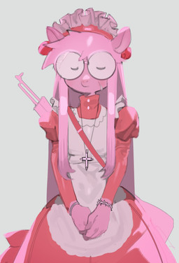 5_fingers ambiguous_gender anthro assault_rifle bangs bracelet clothed clothing cross cross_necklace dress eyes_closed eyewear fingers flat_chested fur glasses grey_background gun hair humanoid_hands jewelry long_hair long_sleeves multicolored_clothing multicolored_dress necklace pink_body pink_clothing pink_dress pink_ears pink_fur pink_hair pink_tail ranged_weapon rifle round_glasses simple_background sitting solo tail two_tone_clothing two_tone_dress weapon white_clothing white_dress kogito monster_energy ambiguous_species mammal 2025 absurd_res hi_res male_(lore)