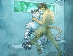 anthro black_hair duo female genitals green_eyes hair male male/female nude penile_spines penis scar sex shower sitting spots straddling stripes whiskers beleoci edron_(mr-yiffy) eva_(mr-yiffy) cheetah felid feline mammal pantherine tiger