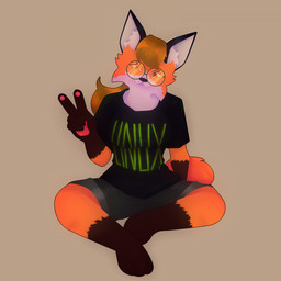 anthro barefoot big_ears black_body black_fur blonde_hair bottomwear breasts cheek_tuft clothing cute_fangs eyebrows eyewear facial_tuft fangs feet female fur gesture glasses hair hand_gesture inner_ear_fluff leg_markings long_hair markings orange_body orange_fur pawpads pink_pawpads ponytail round_glasses shirt shorts simple_background sitting smile smirk socks_(marking) solo t-shirt tail tail_tuft tan_background teeth text text_on_clothing text_on_shirt text_on_topwear topwear tuft v_sign white_body white_fur white_inner_ear_fluff aspargussoup linux xenia_(linux) canid canine fox mammal red_fox true_fox 1:1 2025 3d_(artwork) digital_media_(artwork) hi_res trans_(lore) trans_woman_(lore)