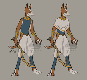 accessory anthro clothing egyptian egyptian_clothing fur fur_markings jewelry khopesh male markings melee_weapon solo standing sword usekh warrior weapon robieroi canid canine mammal absurd_res hi_res model_sheet