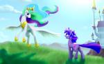 absurd_res day detailed_background duo equid equine feathered_wings feathers female feral flying friendship_is_magic fur grass hair hasbro hi_res hooves horn mammal multicolored_hair my_little_pony mythological_creature mythological_equine mythology nadnerbd outside plant princess_celestia_(mlp) purple_body purple_eyes purple_fur sky smile standing twilight_sparkle_(mlp) unicorn white_body white_feathers winged_unicorn wings