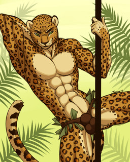 abs anthro athletic balls_outline biceps black_nose bulge clothed clothing dancing detailed_bulge flexing fur genital_outline green_eyes grin hand_behind_head holding_fixture male markings money money_in_thong muscular muscular_anthro pecs pole pole_dancing pose smile solo spots stripper thong topless underwear feralise felid jaguar mammal pantherine 2013 4:5