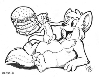 anthro belly big_belly burger cheek_tuft chest_tuft duo facial_tuft featureless_crotch food hair holding_burger holding_food holding_object logo lying male male_anthro navel nude on_back open_mouth open_smile short_hair size_difference smile tuft pandapaco canid canine mammal mustelid otter 2015 artist_logo dated monochrome signature