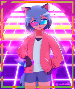 anthro blue_body blue_eyes blue_hair bottomwear brown_body brown_fur clothed clothing eyewear facial_markings female fluffy fluffy_tail fur glasses gloves_(marking) hair head_markings holding_object jacket markings mask_(marking) multicolored_body multicolored_fur multicolored_hair open_clothing open_jacket open_mouth open_topwear shorts solo synthwave tail topwear erenahh brand_new_animal studio_trigger michiru_kagemori canid canine mammal raccoon_dog tanuki 2020 absurd_res hi_res portrait three-quarter_portrait