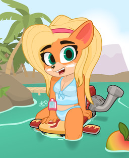accessory anthro bikini bikini_bottom boogie_board breasts cleavage clothed clothing female food fruit hair hair_accessory hairband jetboard_(crash_bandicoot) midriff palm_tree plant swimwear tankini tree two-piece_swimsuit vehicle water watercraft wet_hair wumpa_fruit dm29 activision crash_bandicoot_(series) coco_bandicoot bandicoot mammal marsupial