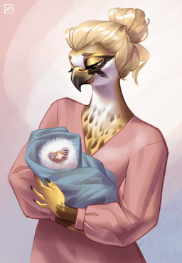 ambiguous_gender anthro beak blonde_hair carrying_baby clothed clothing duo feathers female fully_clothed hair hair_bun long_sleeves neonate smile swaddling tan_body tan_feathers young holivi avian bird falcon falconid hi_res mother_(lore) mother_and_child_(lore) parent_(lore) parent_and_child_(lore)