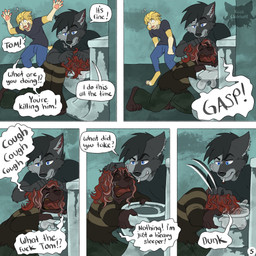 5_panel_comic aggressive barefoot bathroom black_body black_clothing black_hair black_sclera black_shirt black_topwear blonde_hair blue_eyes bodily_fluids bottomwear cheek_tuft cigarette cigarette_in_mouth clothed clothing cough crying desperation dialogue dunk facial_tuft feet fur gasping_for_air grey_body grey_fur group hair hand_on_head head_in_toilet interrogation kneeling logo male name_in_dialogue object_in_mouth pants pawpads profanity raised_arms red_hair shirt smoking smoking_cigarette sweater tears text toilet topwear trio tuft wide_eyed yellow_body yellow_eyes yellow_fur kriek_wildebeest jeremy_(kriek_wildebeest) ravi_(kriek_wildebeest) tom_(kriek_wildebeest) border_collie canid canine canis collie domestic_dog herding_dog husky hybrid mammal nordic_sled_dog pastoral_dog portuguese_water_dog sheepdog spitz wolf 1:1 artist_logo comic english_text hi_res multiple_scenes