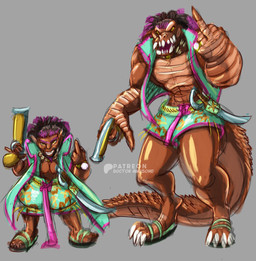 anthro anthrofied carribean clothing dreadlocks flintlock_pistol gesture gun hand_gesture handgun male middle_finger muscular muscular_male oversized_clothing pistol ranged_weapon short_clothing size_difference weapon doctor_awesome crocodile crocodilian gnome human mammal reptile scalie werecrocodile absurd_res concept_art hi_res