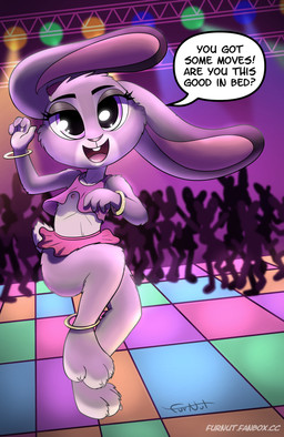 anklet anthro bottomwear bracelet breasts clothed clothing dialogue eyelashes female flat_chested fur grey_body group jewelry miniskirt nipple_slip pink_clothing public pupils skirt small_breasts smile solo_focus speech_bubble text topwear furnut disney zootopia judy_hopps lagomorph leporid mammal rabbit absurd_res hi_res