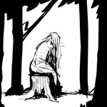 1:1 ambiguous_species anthro black_and_white comic dialogue english_text female forest hi_res hladilnik monochrome plant shadow sitting sitting_on_stump solo text tree tree_stump