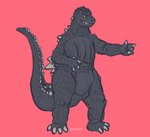 ambiguous_gender anthro back_spikes claws featureless_crotch gesture grey_body grey_claws grey_scales grey_teeth hand_gesture nude plantigrade pointing red_background scales simple_background snout solo spiked_tail spikes spikes_(anatomy) standing tail teeth jaspering godzilla_(series) toho godzilla kaiju scalie 2020 digital_drawing_(artwork) digital_media_(artwork) hi_res