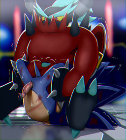 2_horns 3_claws animal_genitalia animal_penis anthro ass_up belly black_body black_spiked_bracelet blood blue_body blue_fur bodily_fluids boston_crab bracelet claws clothing detailed_background duo emanata erection eyebrows feet footwear forced fur genitals grabbing_both_legs holding_both_legs horn jewelry male male/male motion_lines multicolored_body muscular penis pink_penis purple_eyes quills_(anatomy) red_body restrained shaking shoes sitting_on_another spiked_bracelet spikes sweat tail tan_belly tapering_tail teal_claws teal_eyebrows two_tone_body violence yellow_sclera kalk427 sega sonic_the_hedgehog_(series) sonic_the_hedgehog the_deadly_six zavok eulipotyphlan hedgehog mammal zeti 2024 digital_drawing_(artwork) digital_media_(artwork) shaded