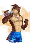 abs anthro blue_bottomwear blue_clothing blue_shorts bottle bottomwear brown_body brown_eyebrows brown_fur brown_tail clothed clothing container drinking_water eyebrows eyes_closed fur holding_bottle holding_container holding_object holding_water_bottle jewelry male necklace nipples pecs raised_arm shell_necklace shorts shorts_only simple_background solo summer tail tan_body tan_fur text topless water water_bottle whiskers white_background yellow_background leo-artis otto_wilson mammal mustelid otter 2022 2:3 absurd_res hi_res signature