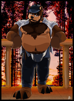 anthro balls_outline belly blue_hair body_hair bulge chest_hair clothing detailed_bulge eye_contact facial_hair forest genital_outline hair hat headgear headwear leaning looking_at_another male markings nipples penis_outline plant pubes solo sunset tree underwear unzipped unzipped_pants zipper grizzlyboi75 grizz_(grizzlyboi75) bear mammal hi_res
