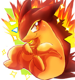 anthro bar_emanata belly big_eyes blush blush_lines border daww emanata featureless_crotch fire flaming_hair flaming_mane fluffy fur glistening glistening_eyes green_background male neck_tuft pseudo_hair pseudo_mane red_body red_eyes red_fur semi-anthro simple_background solo sparkles tan_body tan_fur tuft white_background white_border felipotyphlosion nintendo pokemon badger generation_2_pokemon mammal mustelid musteline pokemon_(species) shiny_pokemon typhlosion hi_res