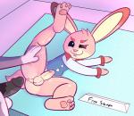 anthro balls blush bottomless butt clothed clothing duo erection feet fur genitals hair male penis pink_body pink_fur simple_background smile toes baito not_safe_for_reality nintendo nintendo_badge_arcade arcade_bunny quse lagomorph leporid mammal rabbit 2017 digital_media_(artwork)