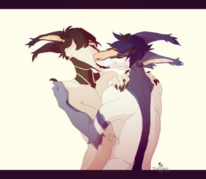 anthro duo eyes_closed fur hair hug kissing male male/male nude simple_background standing white_background teaksamin canid canine mammal digital_media_(artwork) hi_res source_request unavailable_at_source