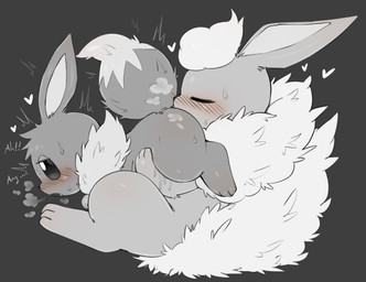 ambiguous/ambiguous ambiguous_gender anal belly big_butt big_tail blush blush_lines bodily_fluids butt dipstick_tail dripping eyes_closed feet feral feral_on_feral fluffy fluffy_tail fur glistening glistening_body glistening_butt glistening_eyes glistening_skin glistening_thighs grey_body grey_fur grey_tail heart_symbol huge_tail kemono larger_ambiguous looking_pleasured lying lying_on_another markings obscured_rimming on_back open_mouth oral rimming sex simple_background size_difference smaller_ambiguous tail tail_markings tongue white_body white_fur white_tail white_tail_tip hanuvo nintendo pokemon eevee eeveelution flareon generation_1_pokemon mammal pokemon_(species) 2026 digital_drawing_(artwork) digital_media_(artwork) greyscale hi_res monochrome