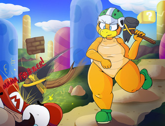 anthro armor attack beak clothing duo footwear hammer hat headgear headwear helmet ranged_weapon shell shoes thick_thighs throwing throwing_object tools weapon wide_hips iguanasarecool mario_bros nintendo super_smash_bros. mario bro_(koopa) hammer_bro koopa scalie hi_res