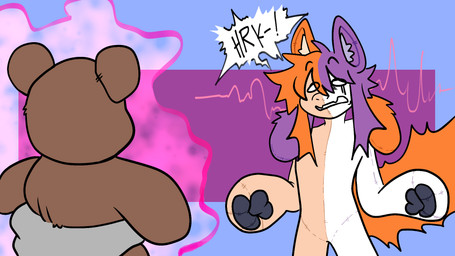 anthro blue_background featureless_chest featureless_crotch male mid_transformation orange_body paws plushie plushification purple_background purple_body simple_background solo teddy_bear transformation transformation_by_item white_body midnite_fsnax animate_inanimate canid canine canis domestic_cat domestic_dog felid feline felis hybrid living_plushie mammal 16:9 hi_res widescreen