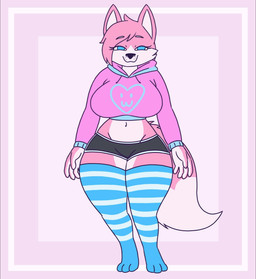 anthro asking big_breasts blue_clothing blue_eyes blue_legwear blue_thigh_highs breasts clothing crop_top female freckles fur hoodie hug legwear pink_body pink_clothing pink_crop_top pink_fur pink_hoodie pink_shirt pink_topwear shirt solo tail thigh_highs thinking topwear white_body white_fur bearyboo bella_(snugglefox22) canid canine fox mammal animated intersex_(lore)