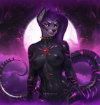 anthro areola breasts clothing collar fangs female fur hair harness latex nipples purple_body purple_fur purple_hair scales skinsuit smile solo spiked_collar spikes tail teeth tight_clothing x-rom alber hyenid_(alber) hyena hyenid_(species) mammal reptile scalie snake hi_res portrait shaded soft_shading three-quarter_portrait